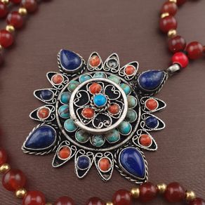 Antique Style Brass & Lapislazuli,Coral,Turqouise Pendant with Carnelian Beads Necklace