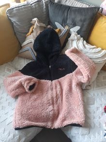 pink and black fluffy jacket from fila