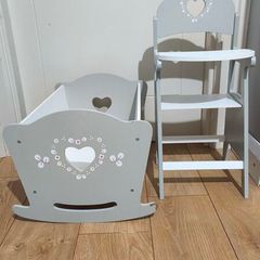 Dolls Wooden Highchair and Bed