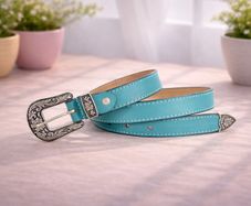 Unisex Premium Teal Genuine Leather Belt Vintage Engraved Silver Buckle