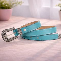 Unisex Premium Teal Genuine Leather Belt Vintage Engraved Silver Buckle