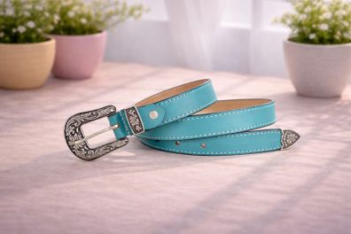 Unisex Premium Teal Genuine Leather Belt Vintage Engraved Silver Buckle