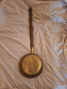 Vintage brass and wood bed warmer
