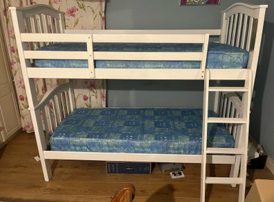 White Wooden Bunk Bed Frame with 2 mattresses