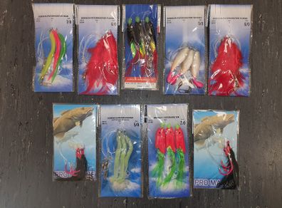 No#3 - NEW - Set of 9 packs Strong Sea Rigs Feathers on Big Hooks 5/0, 6/0 and 7/0 - Bait Trace Paternoster Lures Cod Pollock Ling Conger Bass Mackerel