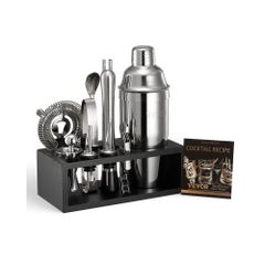 Cocktail Shaker Set, 13-Piece Stainless Steel Bar Tools with Bamboo Stand, Martini Bartender Kit Accessories | Mixer Spoon, Muddler, Jigger