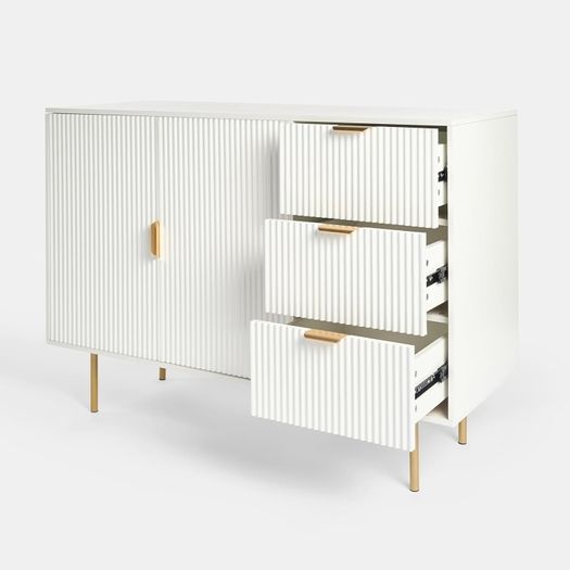 Cream Sideboard Storage Cabinet, Decorative Ribbed Wooden Buffet Storage Cabinet with 2 Doors and 3 Drawers Living Room Hallway Kitchen Sideboard, 120 x 40 x 77cm