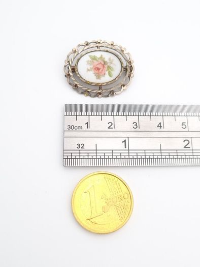Hand Painted Porcelain Sterling Silver Brooch