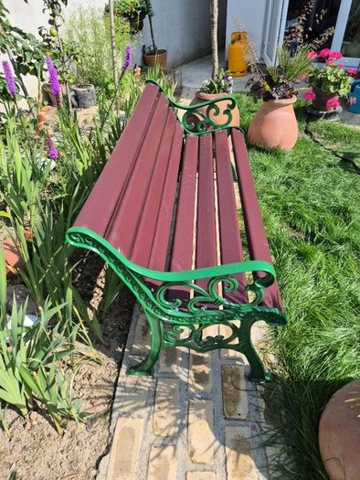 Garden Bench Cast iron fully restored seat outside outdoor garden sitting treated timber decorations, furniture patio  decking, home house cottage ignore flowers pots plants, garden statue chair  swing patio heater bbq hammock sun  farm shop gift