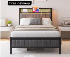 3ft Upholstered Bed Frame with Charging Station/USB Ports and LED Lights
