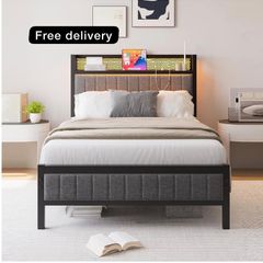 3ft Upholstered Bed Frame with Charging Station/USB Ports and LED Lights