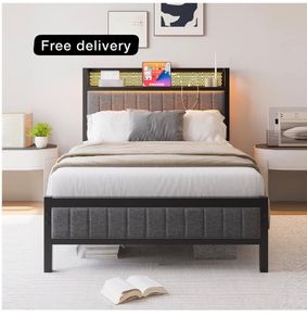 3ft Upholstered Bed Frame with Charging Station/USB Ports and LED Lights