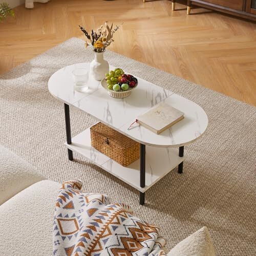 Coffee Table, Small Living Room Table, Sofa Table with Wooden Legs and 2 Tier Storage for Living Room Home Office, 35x16x17inch White Faux Marble + Black