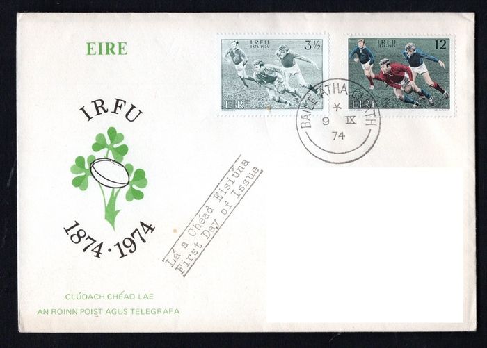 1974 Ireland Centenary of Irish Rugby Football Union Commemorative Stamps Department of Post and Telegraphs address Cover (FDC).