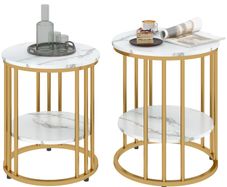 Set of Two Marble-Effect Coffee Tables - White/Gold-Tone