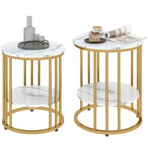 Set of Two Marble-Effect Coffee Tables - White/Gold-Tone