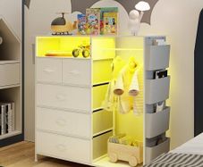 5 Drawer Dresser with Clothes Rail LED Lights Charging Station Storage Chest with Side Pockets