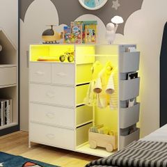 5 Drawer Dresser with Clothes Rail LED Lights Charging Station Storage Chest with Side Pockets