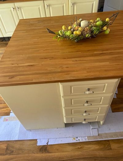 Kitchen + Island + Solid Oak Countertops + Integrated Dishwasher + black sink & gold mixer tap