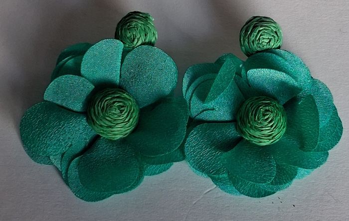 Chunky Raffia Green Fabric Flower Statement Earrings