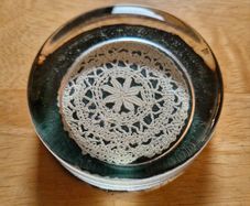 Unique Vintage Glass Paperweight  with Hand woven Lace -inlay
