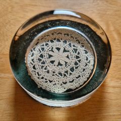 Unique Vintage Glass Paperweight  with Hand woven Lace -inlay