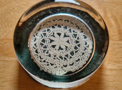 Unique Vintage Glass Paperweight  with Hand woven Lace -inlay