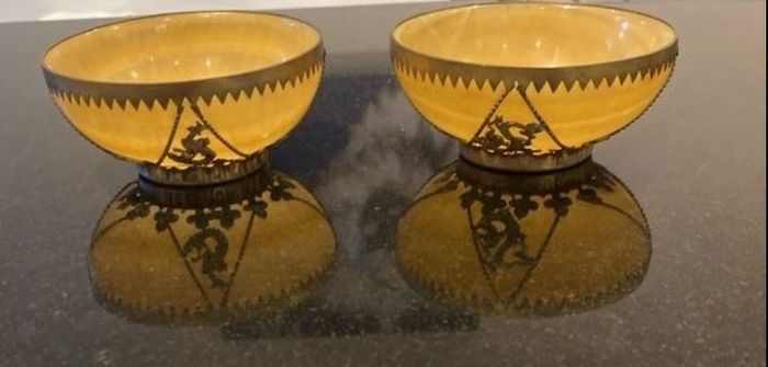 Pair of  beautiful Minnie Peters polished stone and  gilt metal matching dishes