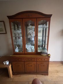 Vintage mahogany-style 3-door china/display cabinet with matching dresser base