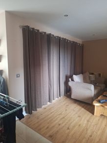 Curtains, 2 pairs 90 x 90. 1 pair 60 x 90. All with silver  chrome rails and brackets