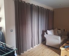 Curtains, 2 pairs 90 x 90. 1 pair 60 x 90. All with silver  chrome rails and brackets