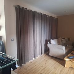 Curtains, 2 pairs 90 x 90. 1 pair 60 x 90. All with silver  chrome rails and brackets