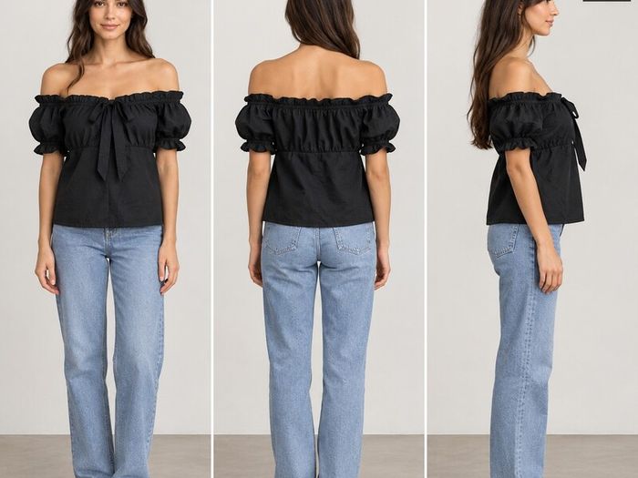 Black Off-Shoulder Ruffle Blouse with Puff Sleeves