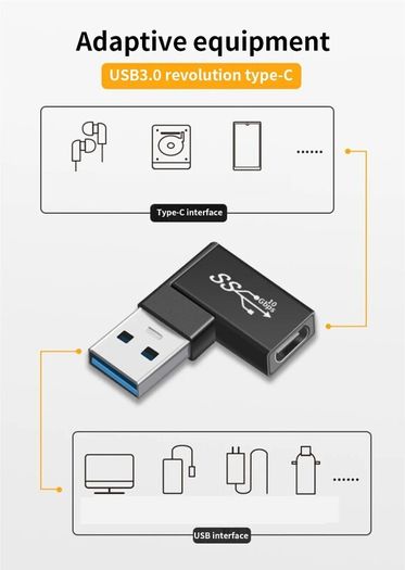 USB3.0 to Type-C adapter 90 degree elbow USB C OTG Connector compatible transmission and charging for keyboard, mouse, laptop