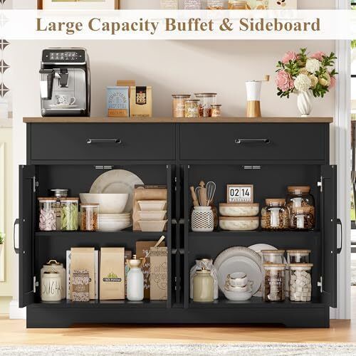Sideboard, 120 cm Wide Kitchen Cabinet with Worktops, Kitchen Buffet Storage Cabinet with 2 Drawers and 4 Doors, Living Room, Kitchen, Hallway, Black & Brown