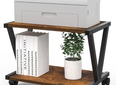 Retro Desktop Printer Stand 2 Tier Under Desk Wood Printer Shelf Rustic Industrial Farmhouse Wood Storage Book Shelf Table Organizer for Home Office Stylish Sturdy