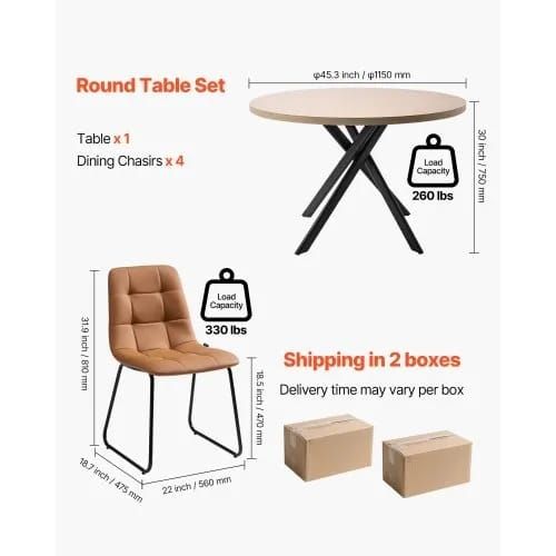 5-Piece Dining Table Set, Space-Saving Round Kitchen Table with 4 Upholstered Orange Chairs, PU Leather Cushions, Modern Wood-Tone Desk with Adjustable Foot Pads for Dining Room, Small Spaces