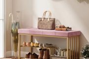 Bench and Shoe Storage, Tufted Shoe Storage Bench with Velvet Seat Cushion Gold Steel Frame for Entryway, Pink