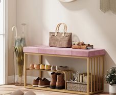 Bench and Shoe Storage, Tufted Shoe Storage Bench with Velvet Seat Cushion Gold Steel Frame for Entryway, Pink