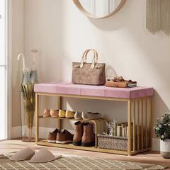 Bench and Shoe Storage, Tufted Shoe Storage Bench with Velvet Seat Cushion Gold Steel Frame for Entryway, Pink