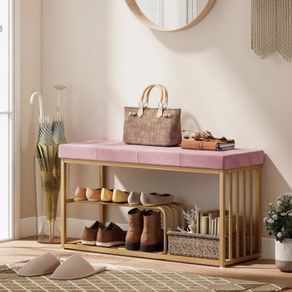 Bench and Shoe Storage, Tufted Shoe Storage Bench with Velvet Seat Cushion Gold Steel Frame for Entryway, Pink