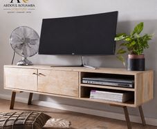 145cm Solid Wood Lowboard TV Stand  Handmade Entertainment Cabinet with Storage