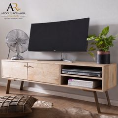 145cm Solid Wood Lowboard TV Stand  Handmade Entertainment Cabinet with Storage