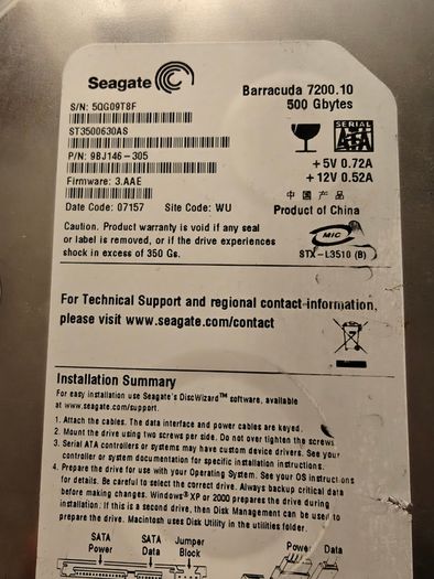 500 GB Seagate BarraCuda SATA Hard Drive