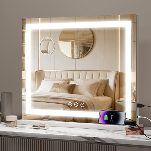Lighted Vanity Mirror - 62x52cm Large Makeup Mirror with 3 Color Modes, Dimmable Brightness, Smart Touch, Memory Function, Wall Mounted/Tabletop, Metal Frame, USB Port for Bedroom