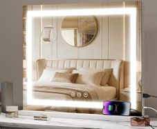 Lighted Vanity Mirror - 62x52cm Large Makeup Mirror with 3 Color Modes, Dimmable Brightness, Smart Touch, Memory Function, Wall Mounted/Tabletop, Metal Frame, USB Port for Bedroom