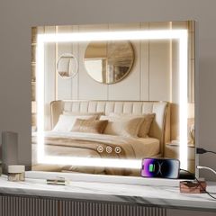 Lighted Vanity Mirror - 62x52cm Large Makeup Mirror with 3 Color Modes, Dimmable Brightness, Smart Touch, Memory Function, Wall Mounted/Tabletop, Metal Frame, USB Port for Bedroom