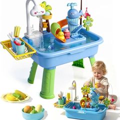 Sand and Water Play Table with Fishing Toys, Sensory Activity Play Sets Outdoor Garden Water Toys, Beach Pool Outdoor Play Toy Kitchen Accessories for Summer Backyard Poolside Indoor