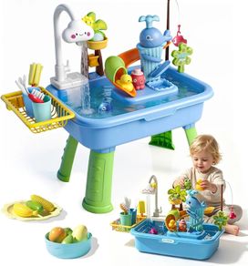 Sand and Water Play Table with Fishing Toys, Sensory Activity Play Sets Outdoor Garden Water Toys, Beach Pool Outdoor Play Toy Kitchen Accessories for Summer Backyard Poolside Indoor