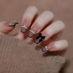 Black Bow and Rhinestone Press on Nails